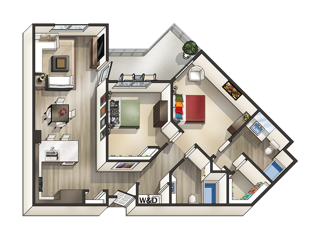 Floor plan for 2 beds, 2 baths, 1080 sqft